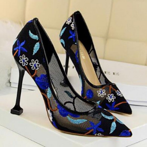 Size 4.5-8.5 Sexy Flower Embroidery Mesh Hollow Design Pointed-toe Pumps Shoes