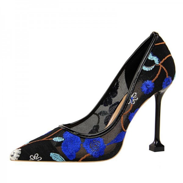 Size 4.5-8.5 Sexy Flower Embroidery Mesh Hollow Design Pointed-toe Pumps Shoes