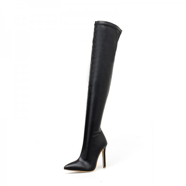 Women Fashion Solid Color Elastic PU Stiletto Heel Pointed Toe Side Zipper Over The Knee Boots