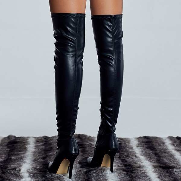 Women Fashion Solid Color Elastic PU Stiletto Heel Pointed Toe Side Zipper Over The Knee Boots