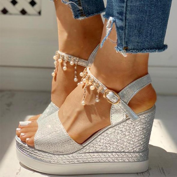 Size 4.5-9 Women Summer Pearl Decoration Wedge Sandals