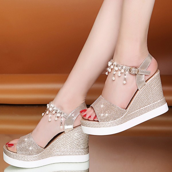 Size 4.5-9 Women Summer Pearl Decoration Wedge Sandals