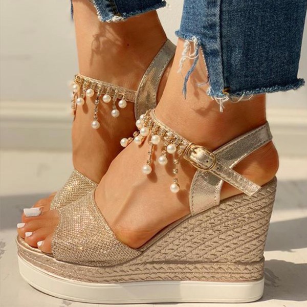 Size 4.5-9 Women Summer Pearl Decoration Wedge Sandals