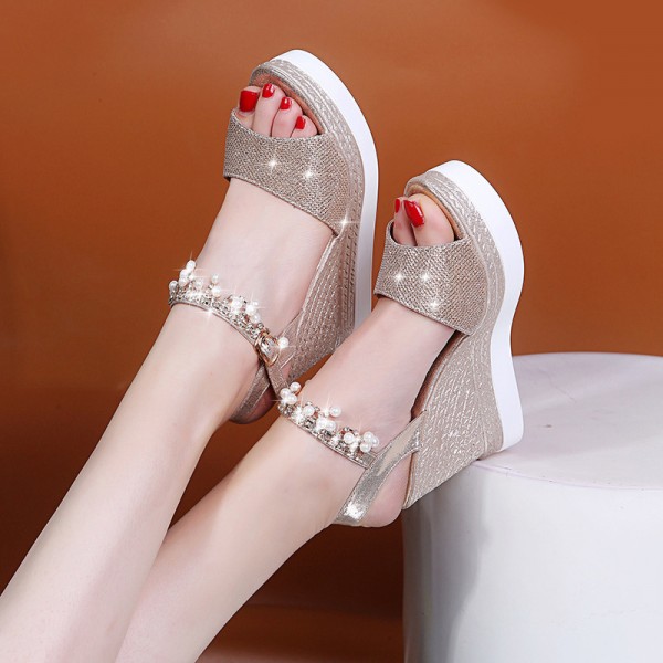 Size 4.5-9 Women Summer Pearl Decoration Wedge Sandals