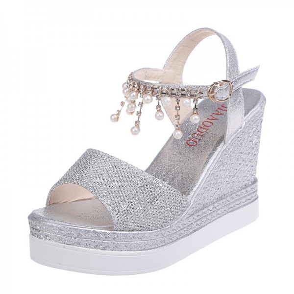 Size 4.5-9 Women Summer Pearl Decoration Wedge Sandals