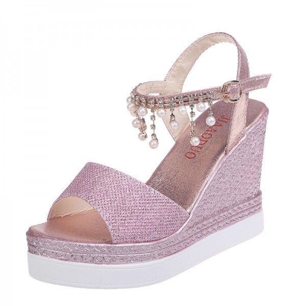 Size 4.5-9 Women Summer Pearl Decoration Wedge Sandals