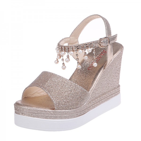 Size 4.5-9 Women Summer Pearl Decoration Wedge Sandals