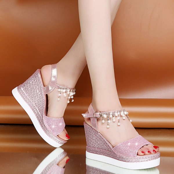 Size 4.5-9 Women Summer Pearl Decoration Wedge Sandals