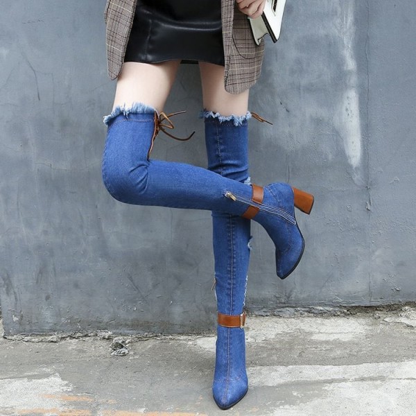 Size:4.5-8.5 Women Fashion Hole Design Denim Over The Knee Boots