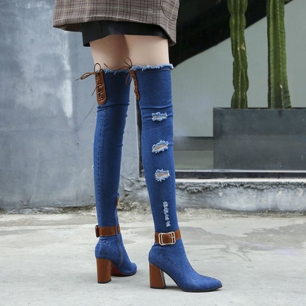 Size:4.5-8.5 Women Fashion Hole Design Denim Over The Knee Boots