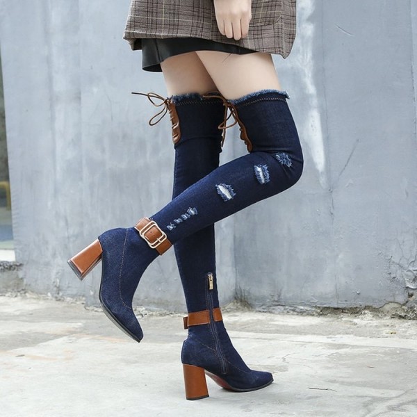 Size:4.5-8.5 Women Fashion Hole Design Denim Over The Knee Boots