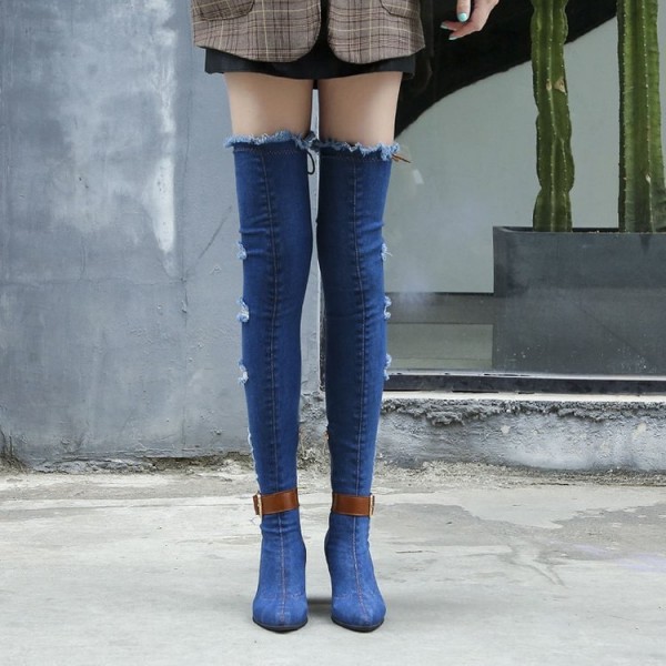 Size:4.5-8.5 Women Fashion Hole Design Denim Over The Knee Boots