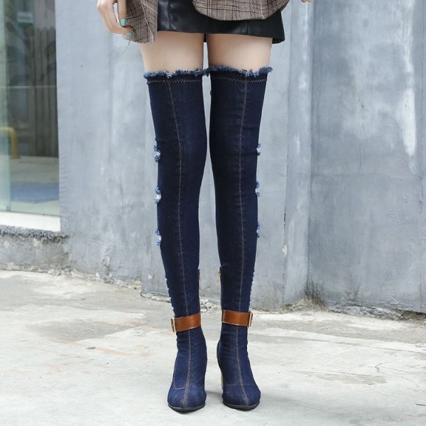 Size:4.5-8.5 Women Fashion Hole Design Denim Over The Knee Boots