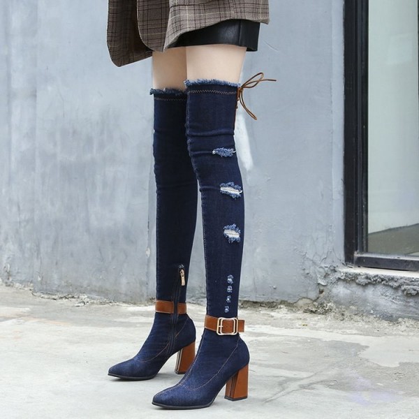 Size:4.5-8.5 Women Fashion Hole Design Denim Over The Knee Boots