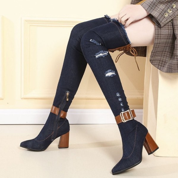 Size:4.5-8.5 Women Fashion Hole Design Denim Over The Knee Boots