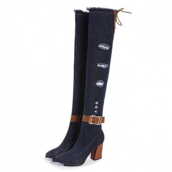 Size:4.5-8.5 Women Fashion Hole Design Denim Over The Knee Boots