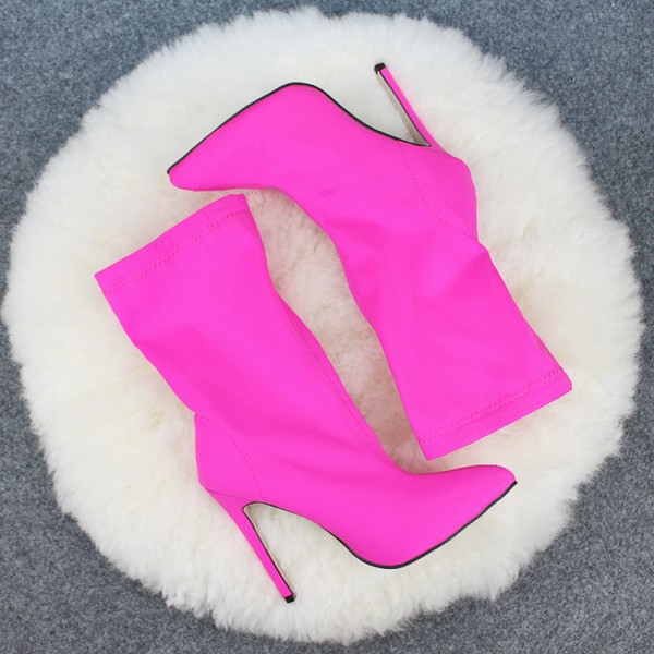 Size:4.5-11 Women Neon Color Pointed Slim Heel Boots Mid-Calf Boots