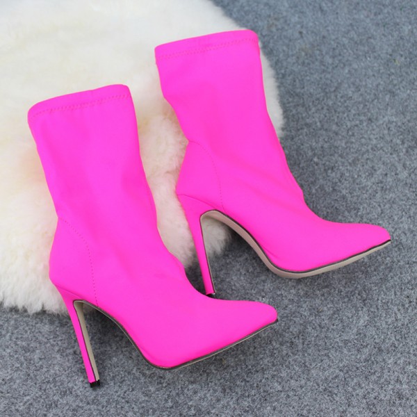 Size:4.5-11 Women Neon Color Pointed Slim Heel Boots Mid-Calf Boots