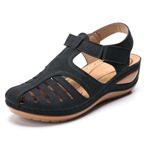 Women Vintage Hollow Design Round Toe Velcro Wedge Sandals