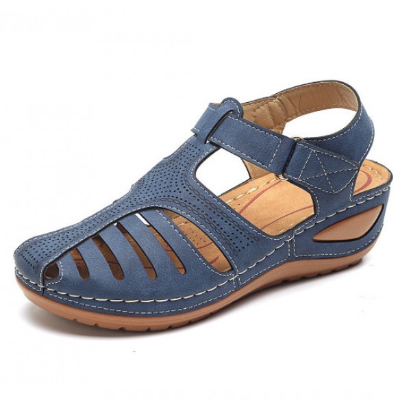 Women Vintage Hollow Design Round Toe Velcro Wedge Sandals