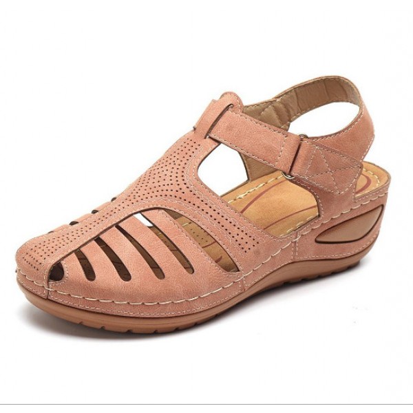 Women Vintage Hollow Design Round Toe Velcro Wedge Sandals