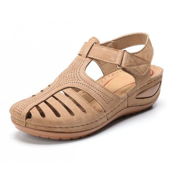 Women Vintage Hollow Design Round Toe Velcro Wedge Sandals