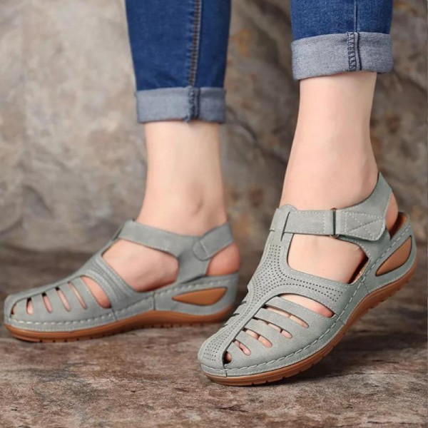 Women Vintage Hollow Design Round Toe Velcro Wedge...