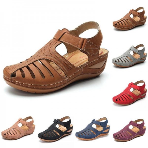 Women Vintage Hollow Design Round Toe Velcro Wedge Sandals