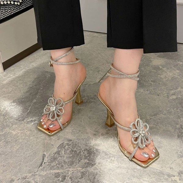 Women Sexy Strap Design Flower Rhinestone Decorative High Heel Sandals