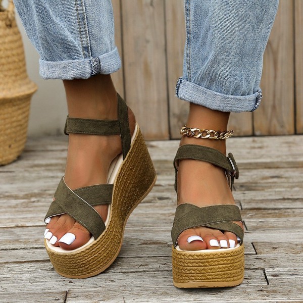 Women Fashion Casual Cross Design Straw Wedge Platform Sandals