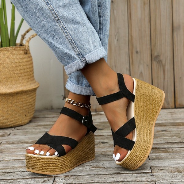 Women Fashion Casual Cross Design Straw Wedge Platform Sandals