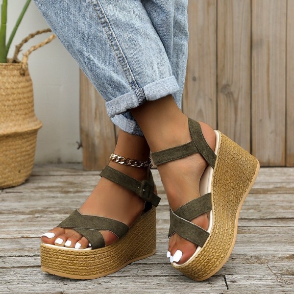 Women Fashion Casual Cross Design Straw Wedge Plat...