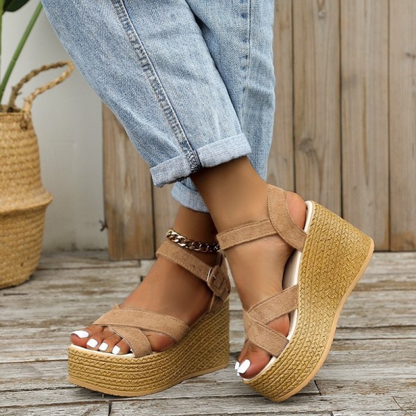 Women Fashion Casual Cross Design Straw Wedge Platform Sandals