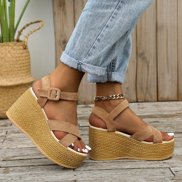 Women Fashion Casual Cross Design Straw Wedge Platform Sandals