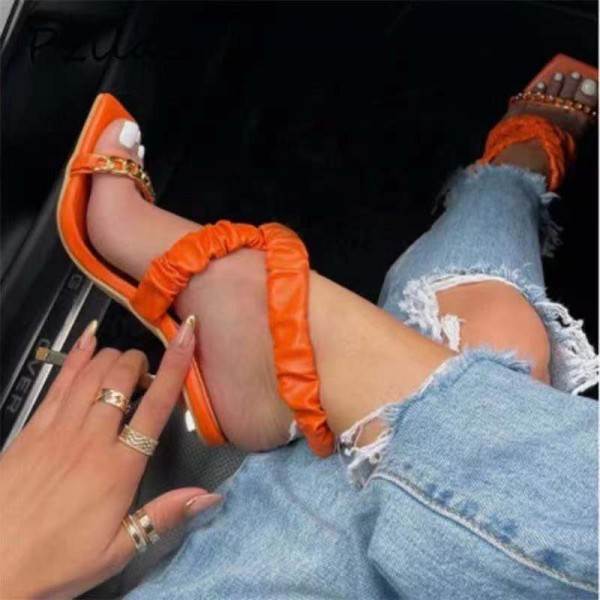 Women Fashion Sexy Cross Fold Design Chain Decoration Stiletto Sandals