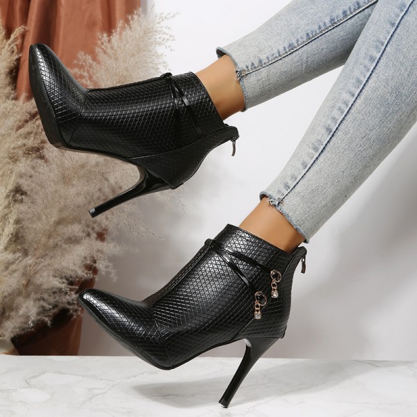 Women Fashion Pointed Toe Snakeskin Pu Stiletto Heel Side Zipper Short Boots