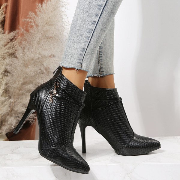 Women Fashion Pointed Toe Snakeskin Pu Stiletto Heel Side Zipper Short Boots