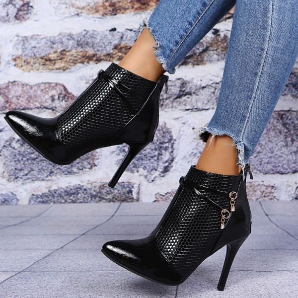 Women Fashion Pointed Toe Snakeskin Pu Stiletto Heel Side Zipper Short Boots