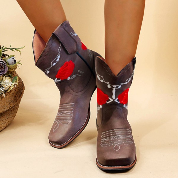 Vintage Plus Size Women Fashionable Square Toe Embroidered Short Boots