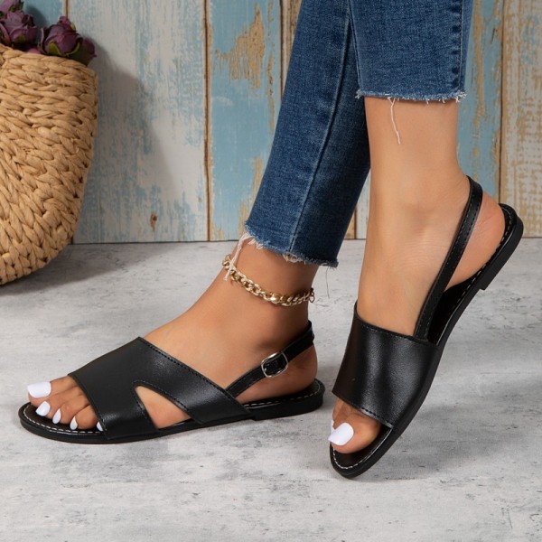 Women Fashion Plus Size Solid Color Round Toe One-Toe Buckle Flat PU Sandals