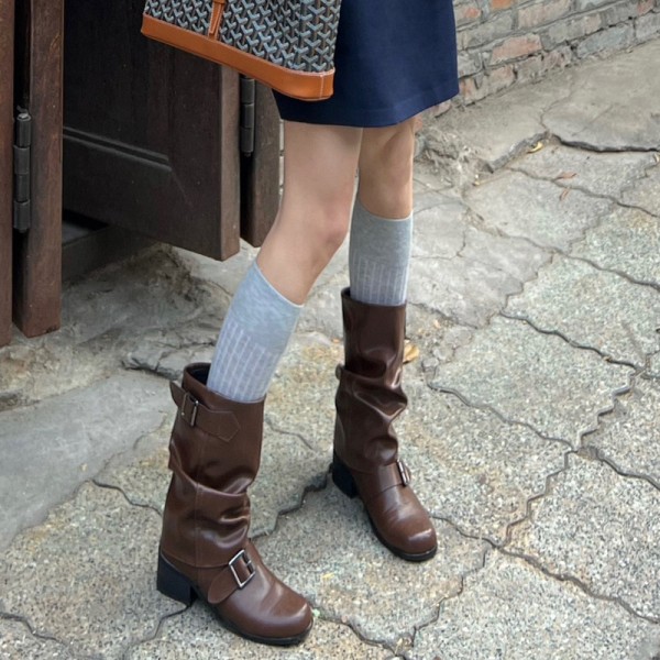 Women Fashion Retro Creased Heap Mid-Calf Boots