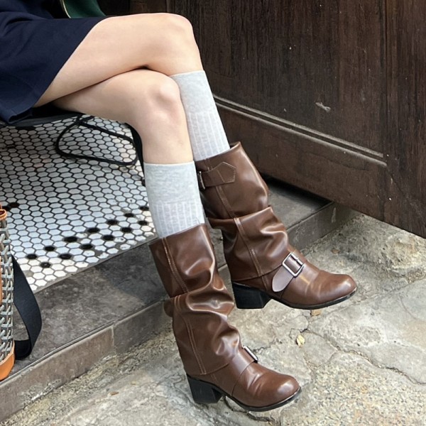 Women Fashion Retro Creased Heap Mid-Calf Boots