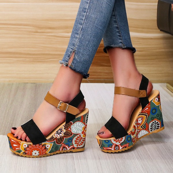 Summer Women Fashion Printed Platform Wedge Heelthick-Soled Sandals