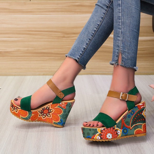 Summer Women Fashion Printed Platform Wedge Heelthick-Soled Sandals