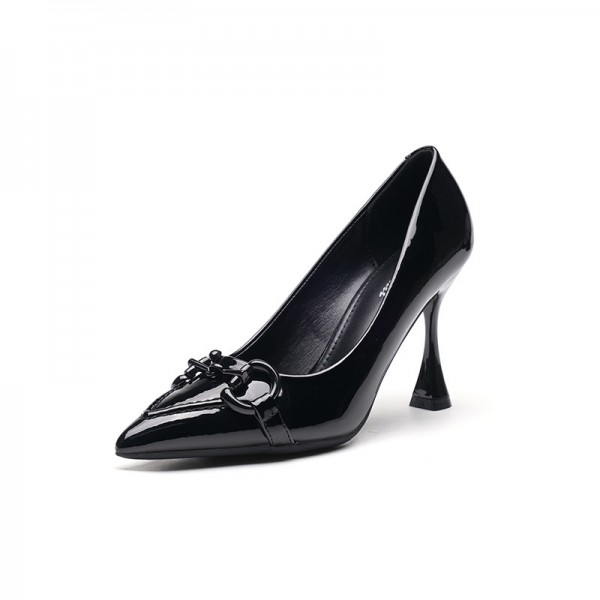 Women Fashionable Solid Color Patent Leather Horsebit Pointed Toe Stiletto Heel Pumps