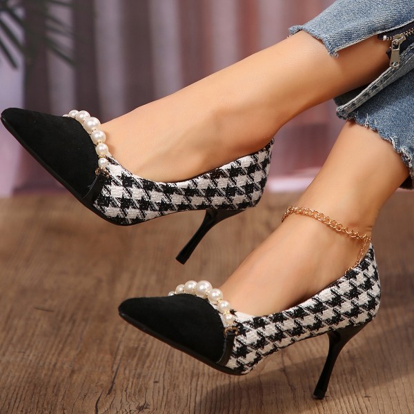 Women Fashion Sexy Plus Size Pointed Toe Pearl Houndstooth Pumps