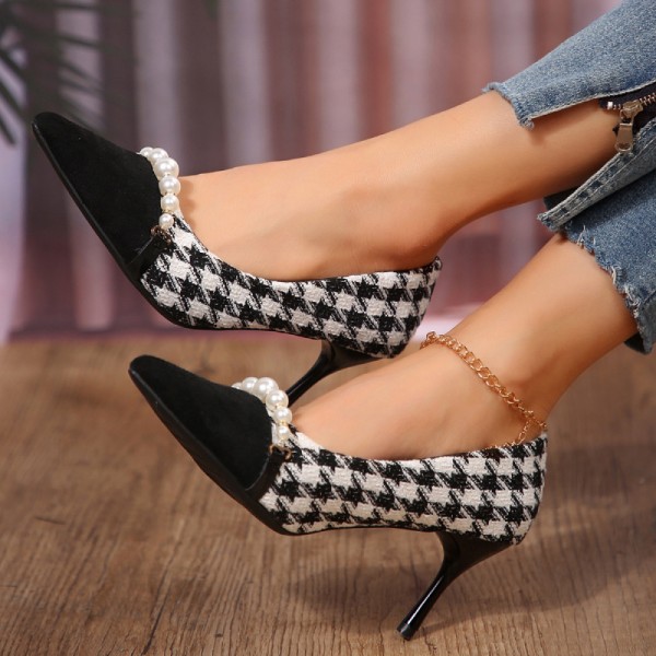 Women Fashion Sexy Plus Size Pointed Toe Pearl Houndstooth Pumps