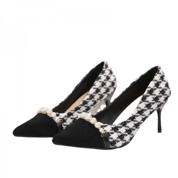 Women Fashion Sexy Plus Size Pointed Toe Pearl Houndstooth Pumps