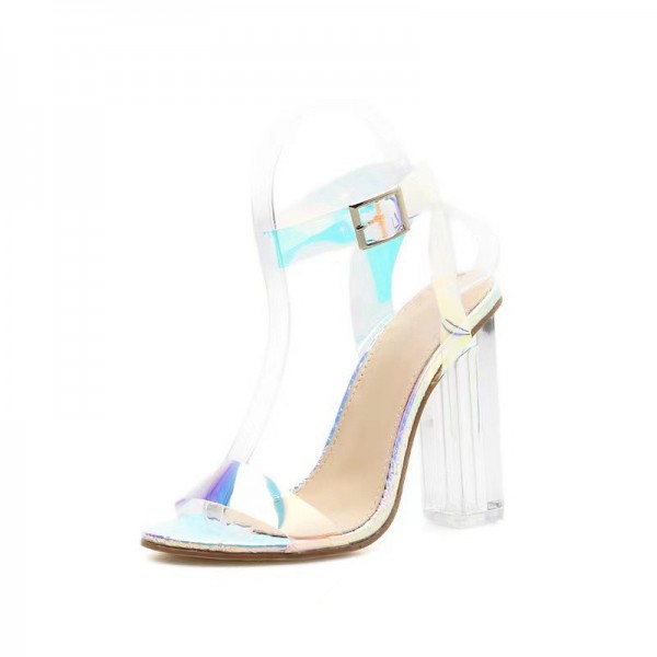 Women Fashion Sexy Plus Size Transparent One-Word Buckle Crystal High Heels