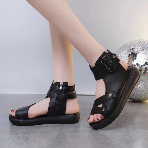 Summer Women Fashion Vintage Thick-Soled Side Zipper Belt Buckle Roman Sandals